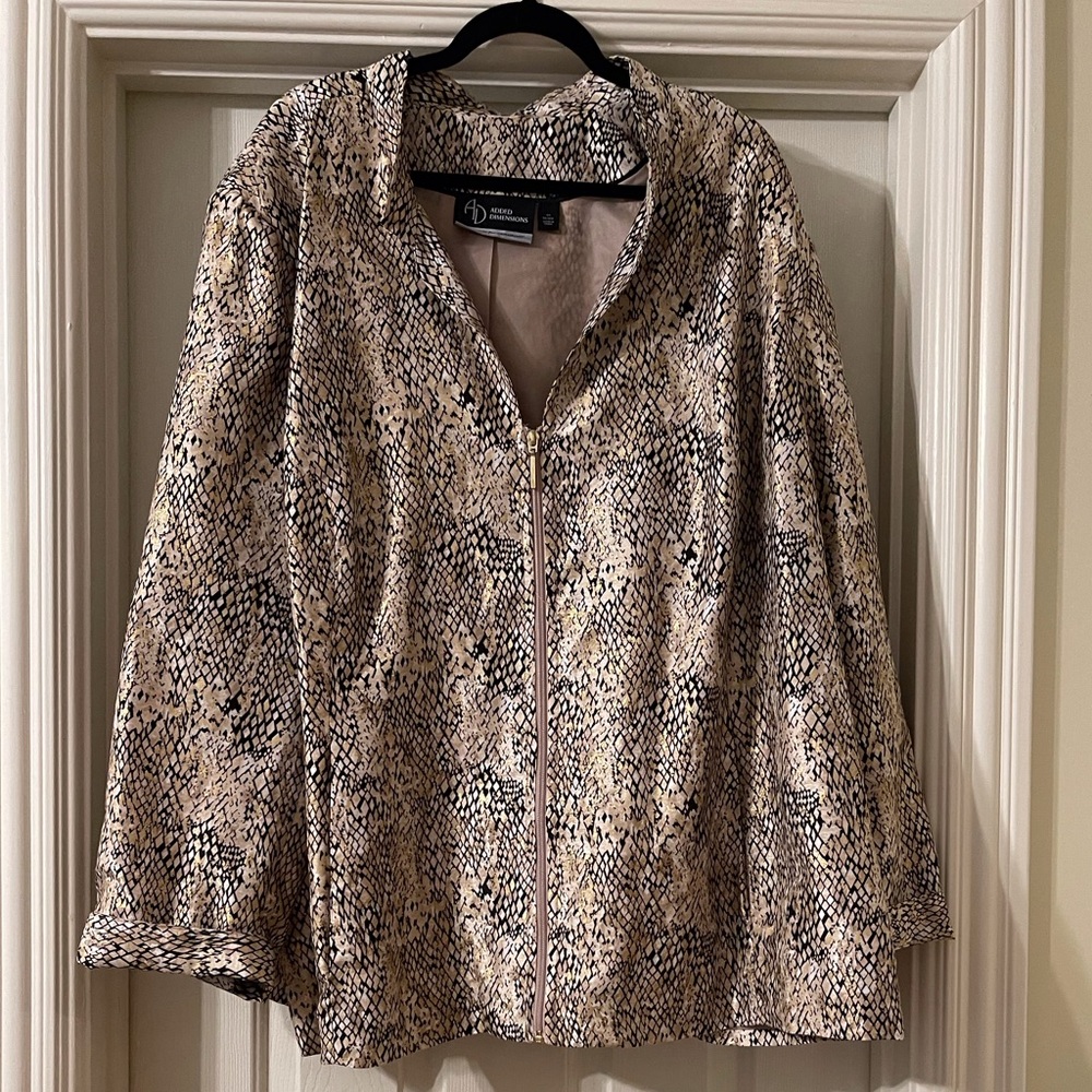 Added Dimensions gold, black, and white plus size jacket